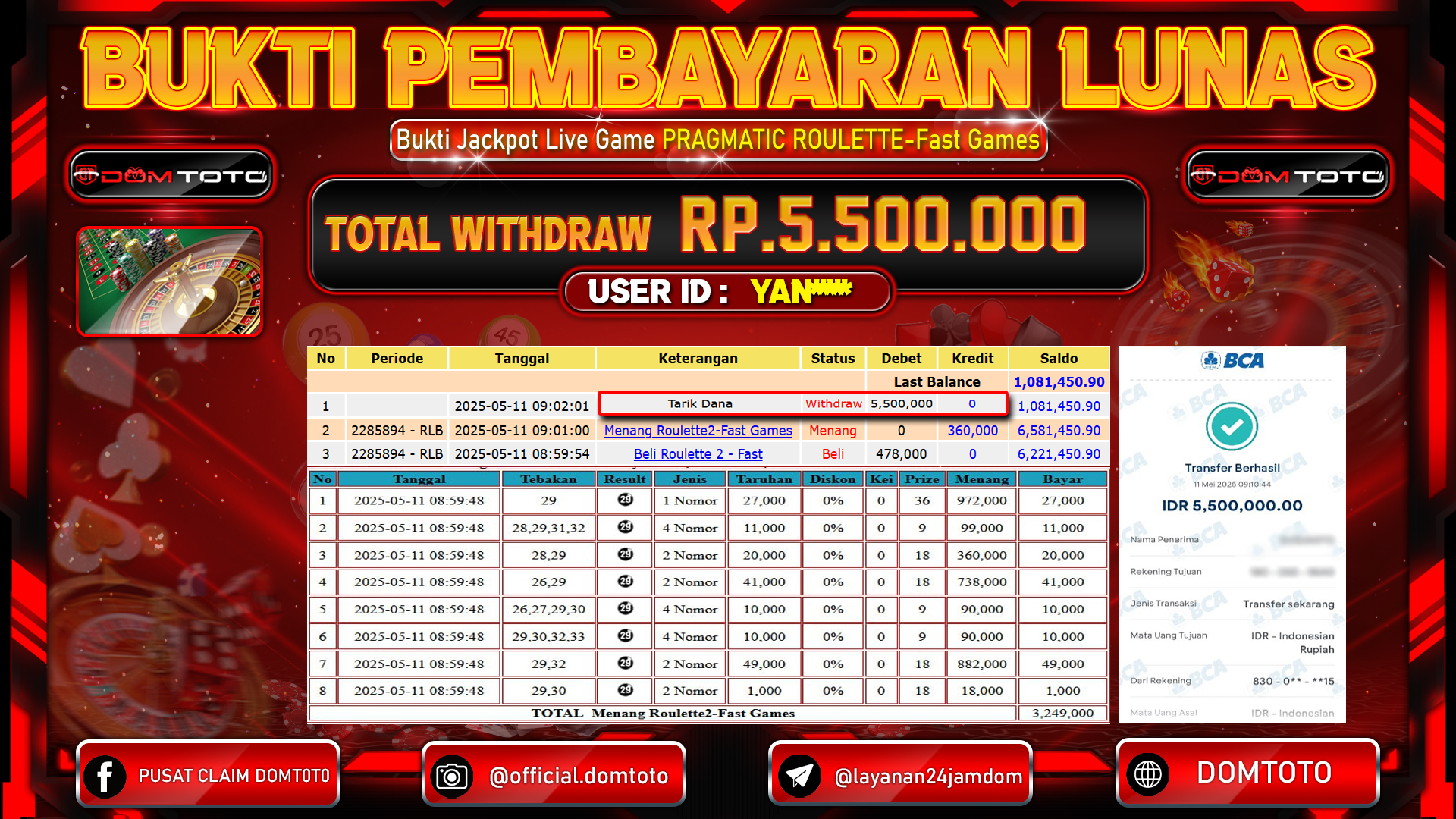 JACKPOT LIVEGAME PRAGMATIC ROULETTE-FAST GAMES 11 MEI 2025